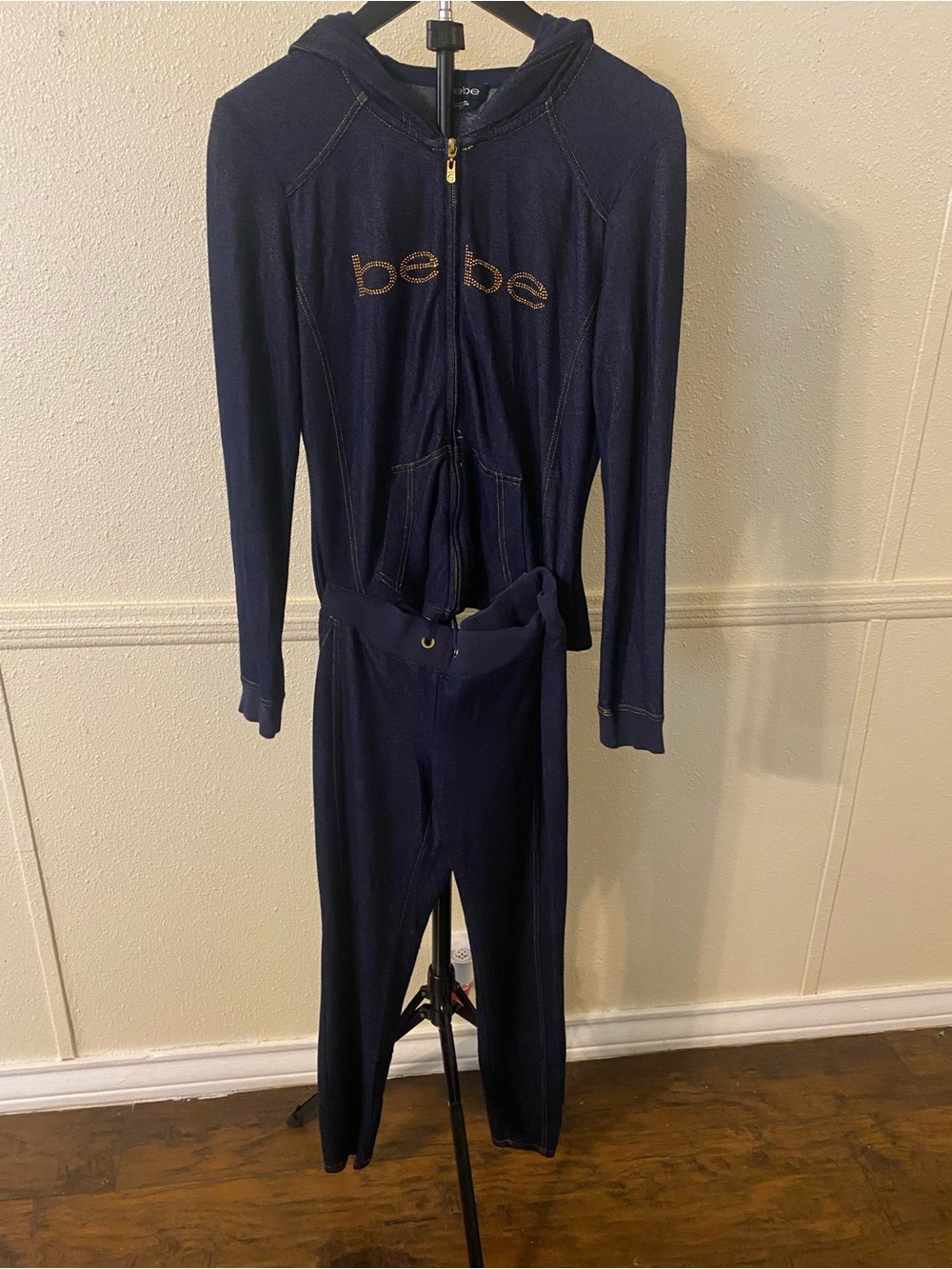 bebe Navy Hoodie Jumpsuit with Gold Logo